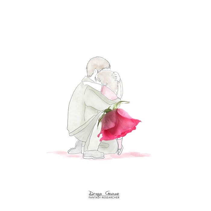 Creative illustration showing a man and child hugging with a rose petal transforming the child's dress, everyday objects art.