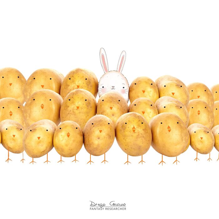 Creative illustration showing potatoes transformed into chicks with one bunny among them, highlighting everyday objects creatively.