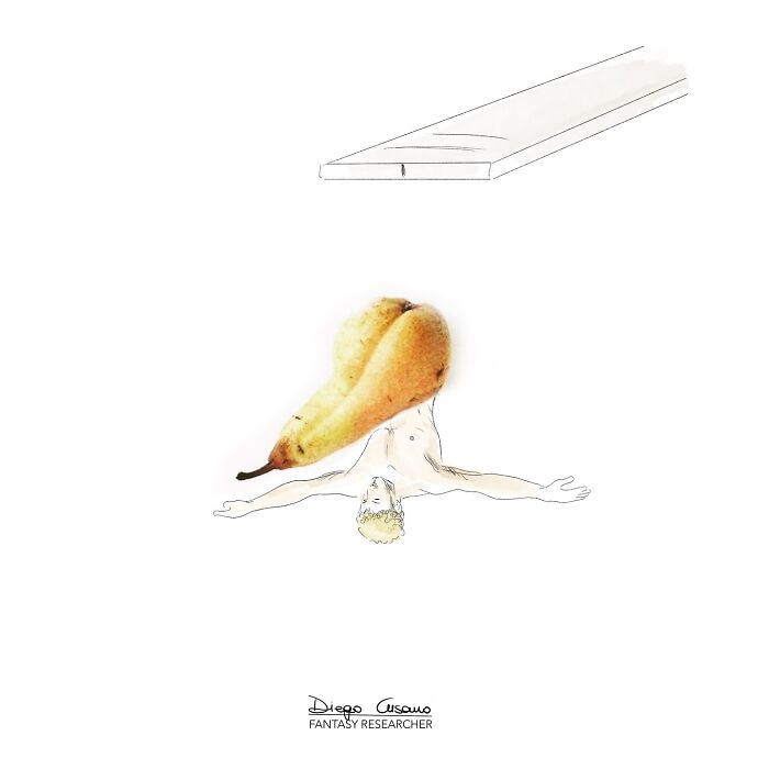 Creative illustration transforming a pear into an object interacting with a drawn figure, blending everyday items and art.