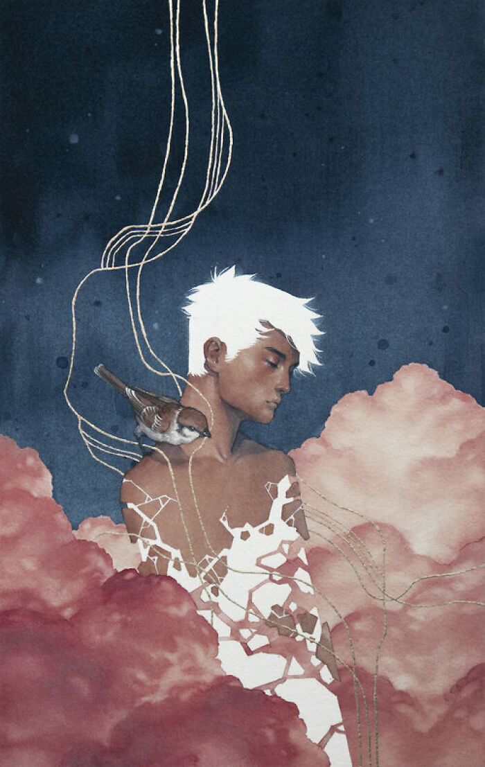 Watercolor painting by Kelogsloops showing a serene figure with white hair and a bird among soft pink clouds.