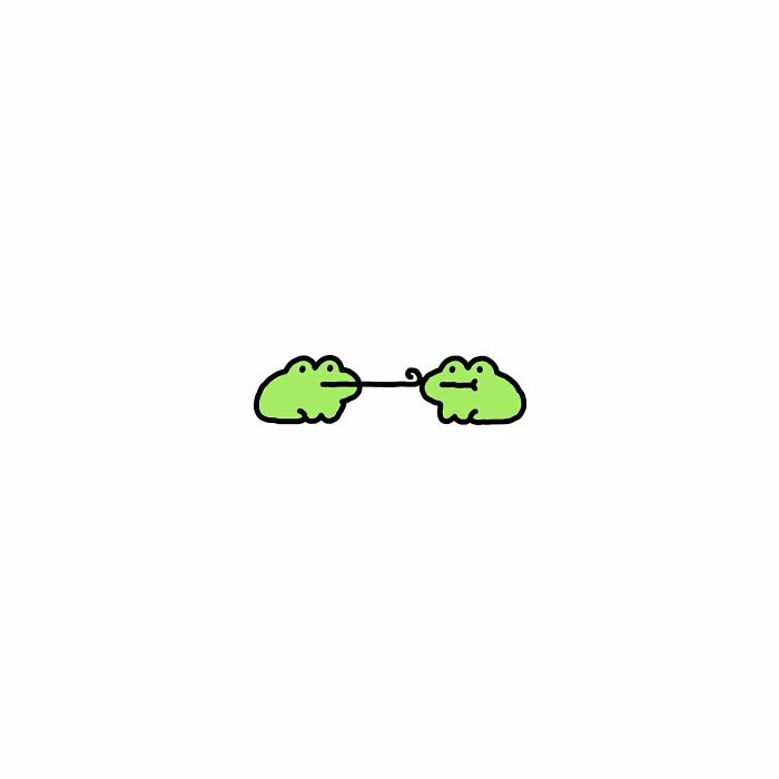 Two simple frog characters connected by their curly tongues, illustrating everyday struggles with humor.