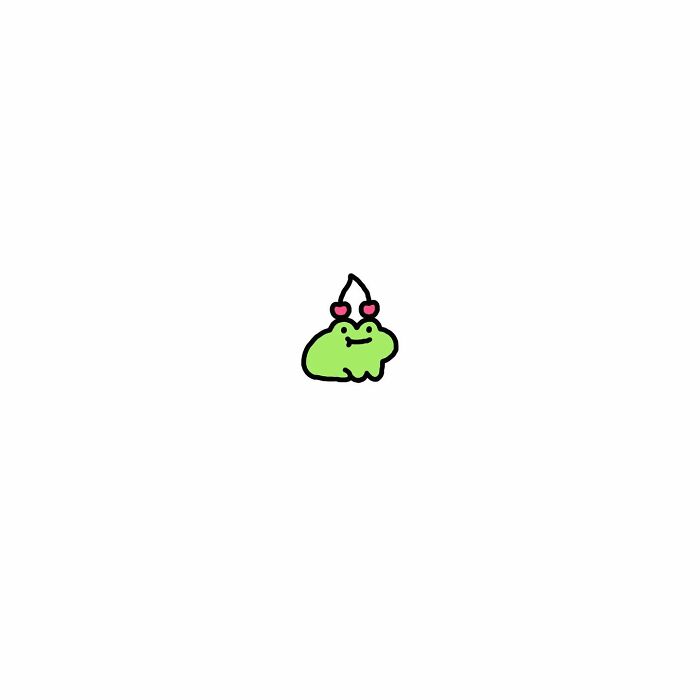Minimalist illustration of a small green frog with big feelings wearing cherries on its head, capturing life’s little struggles.
