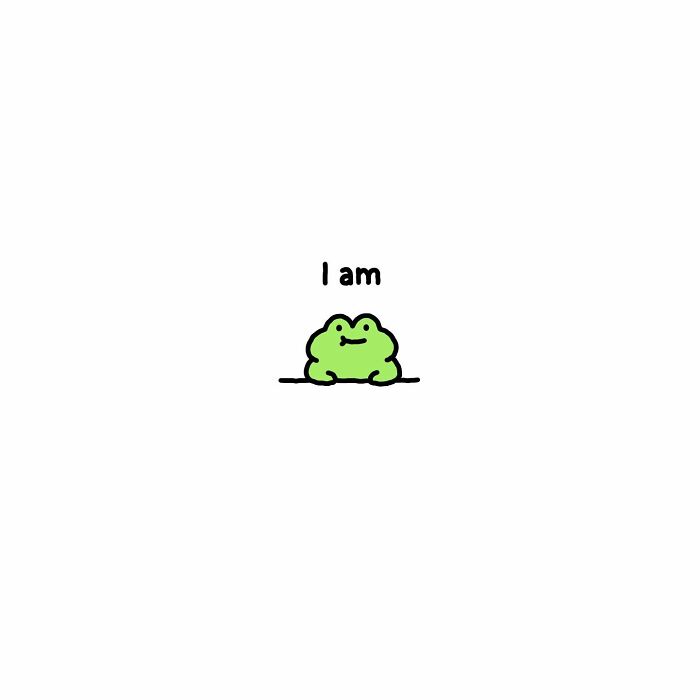 Simple drawing of a frog character illustrating everyday struggles with a small smile on a white background.