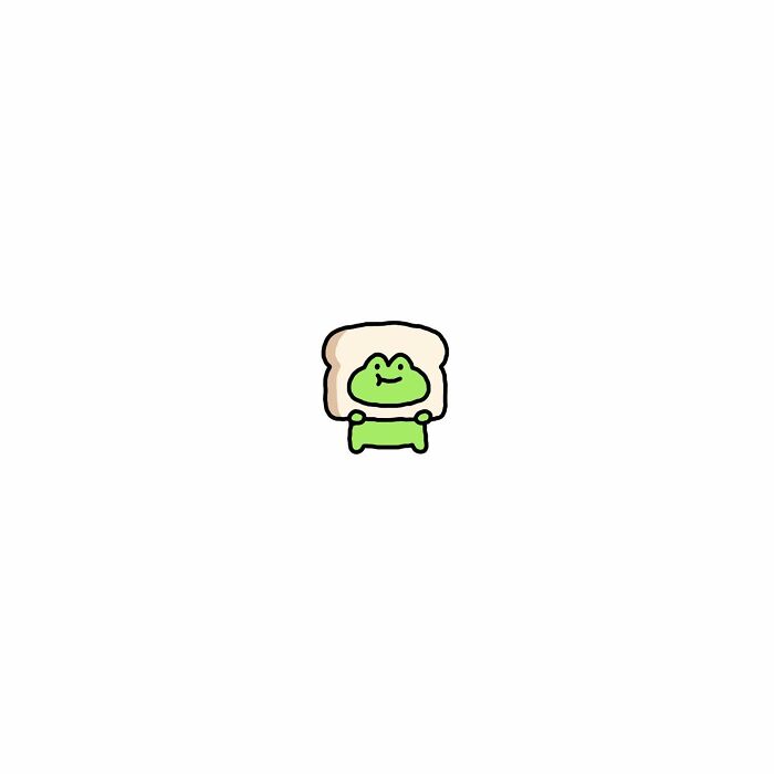Small green frog holding a slice of bread, illustrating life’s little struggles in a simple, cute style.