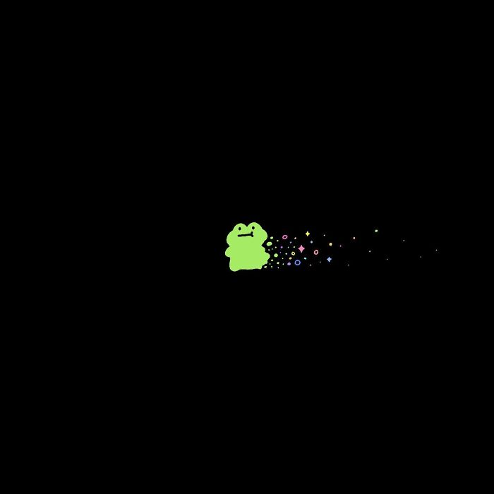 Green frog character illustration with colorful sparkling shapes on a black background representing everyday struggles.