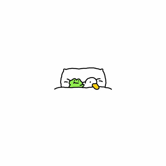Illustration of a frog with big feelings lying in bed beside a duck, capturing life’s little struggles in simple art.