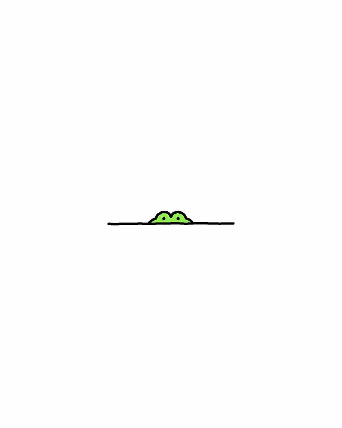 Minimalist illustration of a frog peeking over a line, capturing life’s little struggles with big feelings.