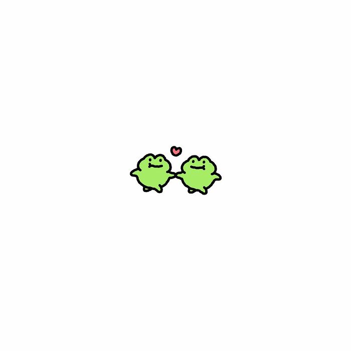 Two cute green frogs holding hands with a small red heart above, conveying life’s little struggles and big feelings.