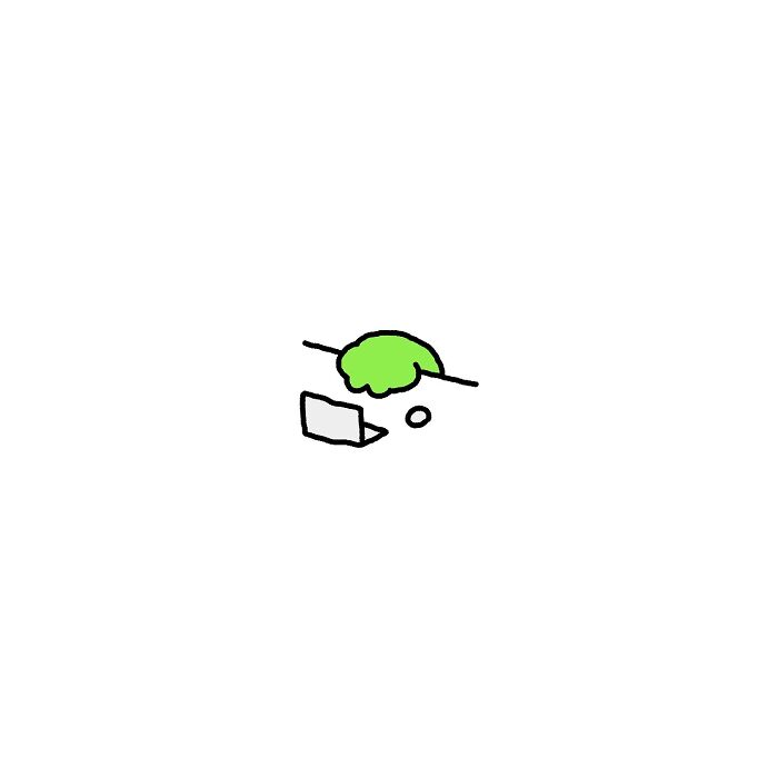 Minimalist drawing of a frog character at a laptop, illustrating everyday struggles with work and focus.
