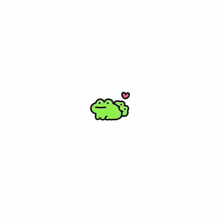 Minimalist cartoon of a green frog with big feelings, expressing love with a small pink heart above it.