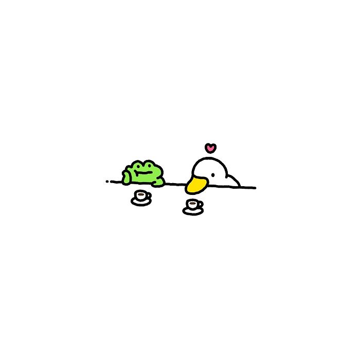 Simple illustration of a frog with big feelings and a duck sharing coffee, capturing life’s little struggles and emotions.