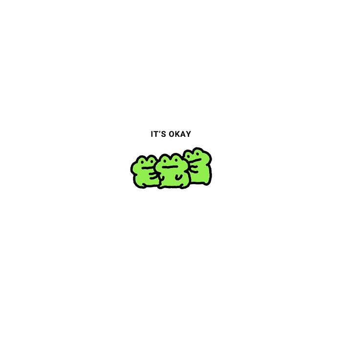 Three green frog characters hugging with the phrase its okay, illustrating everyday struggles with emotions.
