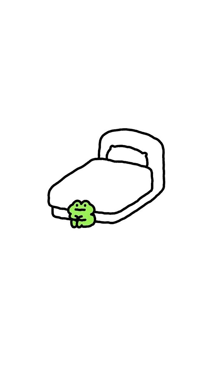Simple illustration of a frog character sitting sadly at the edge of a bed, depicting everyday struggles.