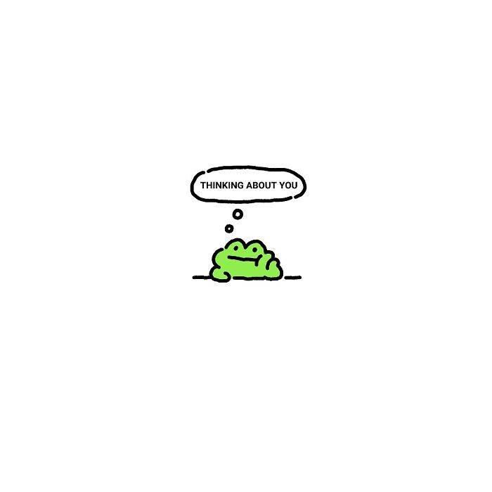 Green frog character illustrating everyday struggles with a thoughtful expression and a speech bubble saying thinking about you