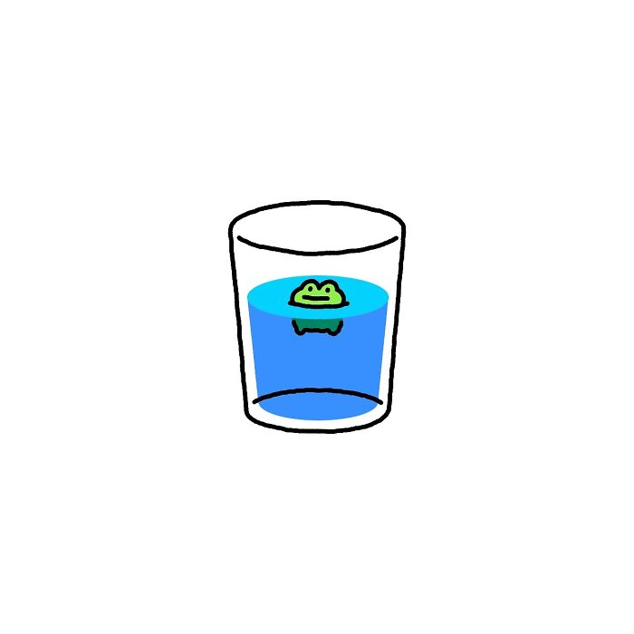 Minimalist illustration of a frog with big feelings inside a glass, capturing life’s little struggles with playful art style.