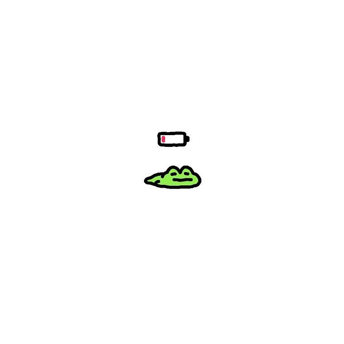 Illustration of a tired frog character with a low battery symbol above, depicting everyday struggles and exhaustion.