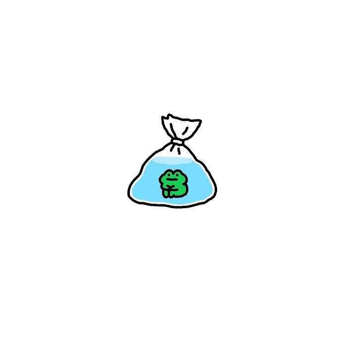 Small frog character sitting inside a tied plastic bag filled with water, illustrating everyday struggles concept.