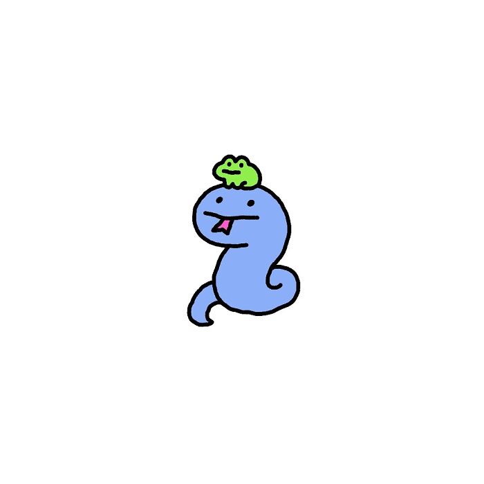 Simple cartoon of a blue character with a small green frog on its head, capturing life’s little struggles and big feelings.