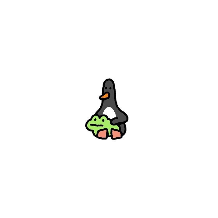 Cartoon penguin holding a small frog with big feelings, capturing life’s little struggles through simple character art.