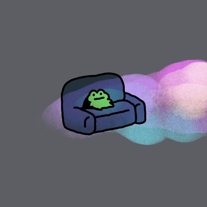 Green frog character sitting on a couch with colorful shadows, illustrating everyday struggles in simple art style.