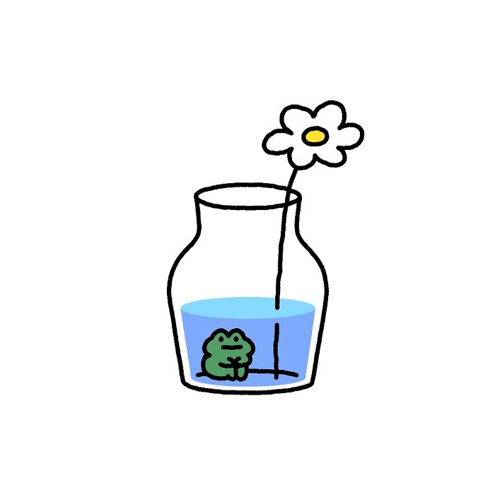Minimalist drawing of a small frog with big feelings sitting in water inside a jar with a single flower, capturing life’s struggles.