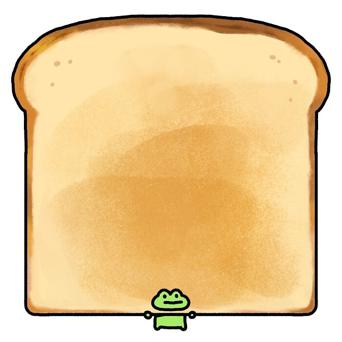 Small green frog holding a large piece of toast, illustrating life’s little struggles with big feelings in a simple cartoon style.