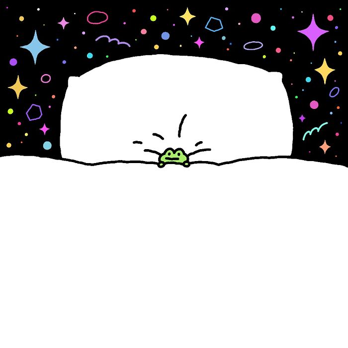 Small green frog character peeking over a white surface with colorful stars and shapes in a black background.