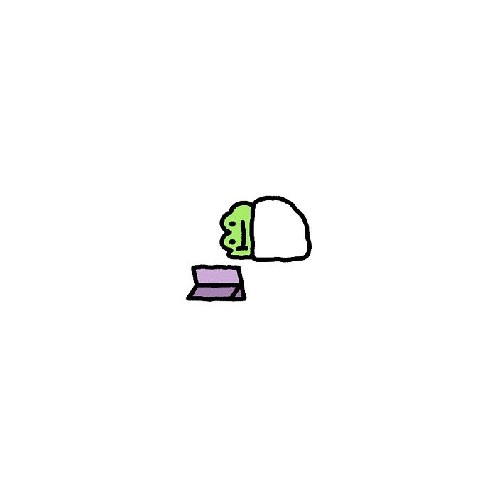 Simple drawing of a frog with big feelings lying down under a blanket, looking at a purple laptop, capturing life’s little struggles.