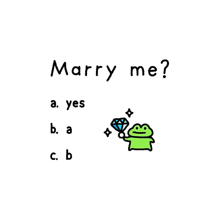 Green frog character holding a sparkling ring, illustrating everyday struggles with a playful marriage proposal quiz.