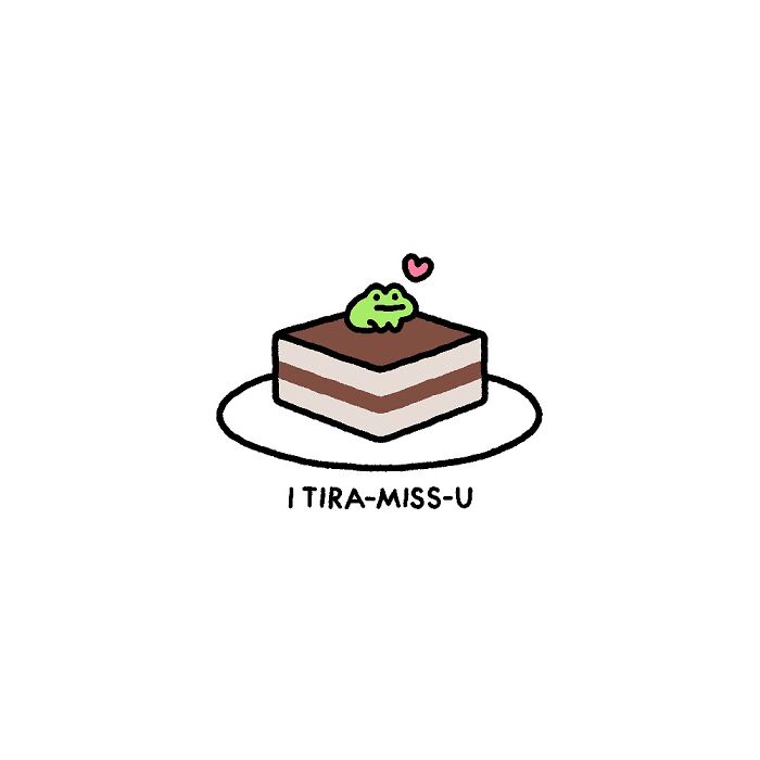 Cute frog character sitting on tiramisu cake with a heart, illustrating everyday struggles in a playful and charming way.