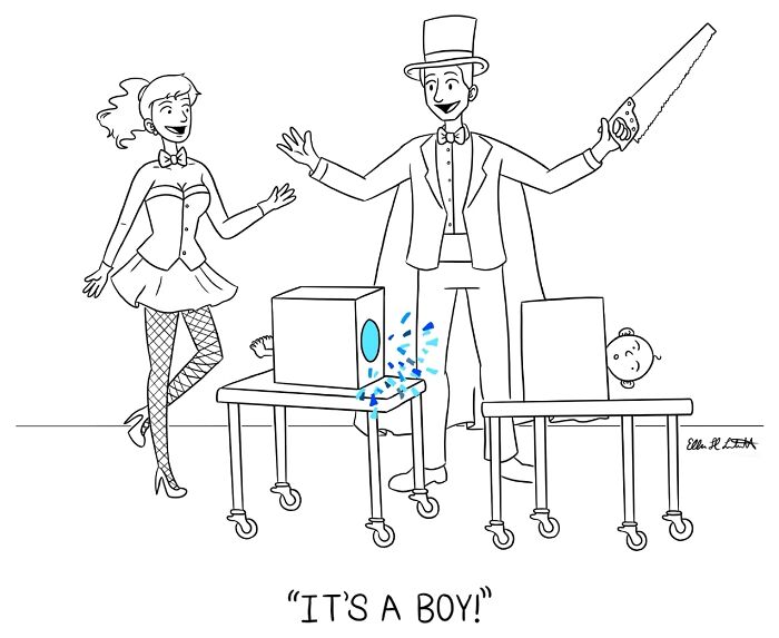 Magic show cartoon by Ellen Liebenthal featuring a magician cutting a box and a surprised woman, highlighting gag cartoon humor.