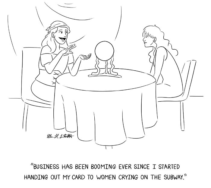 Two women at a table with a crystal ball, one smiling and talking about her booming business in a gag cartoon style.