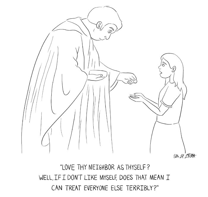 Black and white one-panel gag cartoon by Ellen Liebenthal showing a humorous take on loving thy neighbor concept.