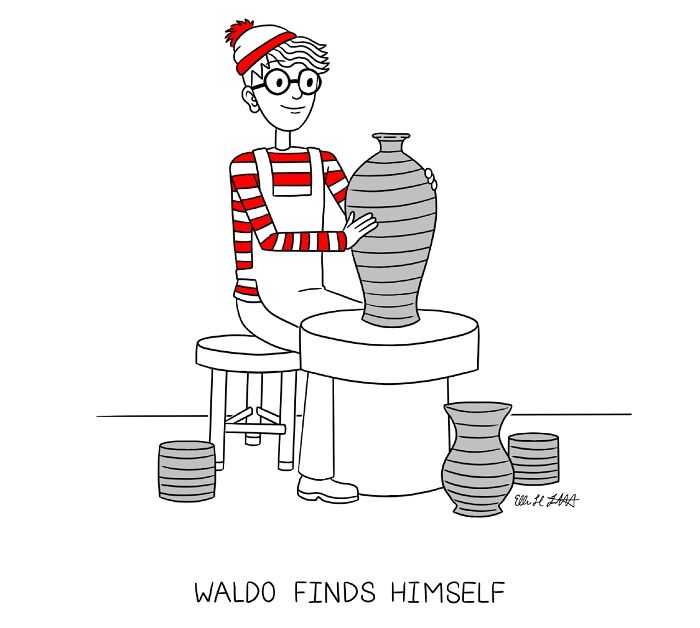 Cartoon of Waldo at a pottery wheel, creating a large striped vase, a relatable one-panel gag cartoon by Ellen Liebenthal.