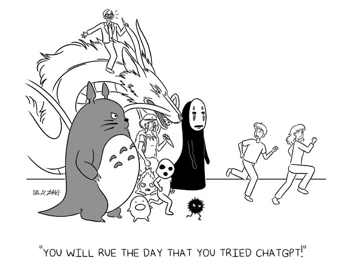 One-panel gag cartoon by Ellen Liebenthal showing characters chasing two running humans with a funny caption.