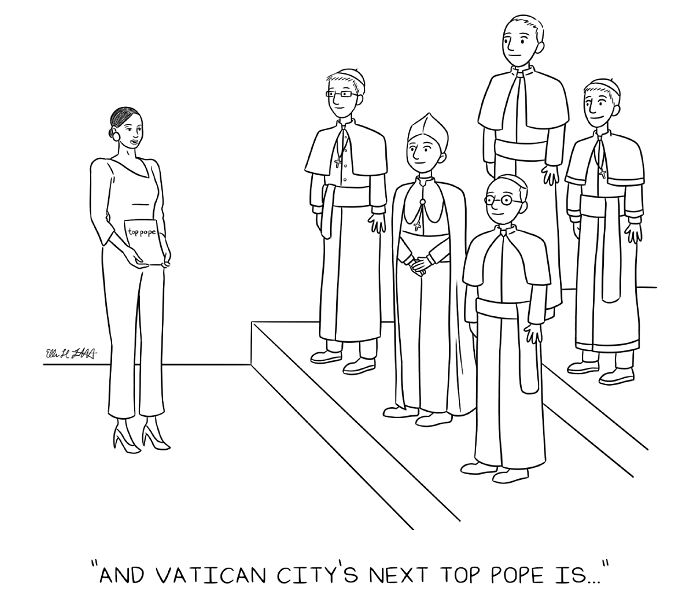 Line drawing gag cartoon by Ellen Liebenthal showing clergy on steps with woman holding top pope sign in relatable humor style.