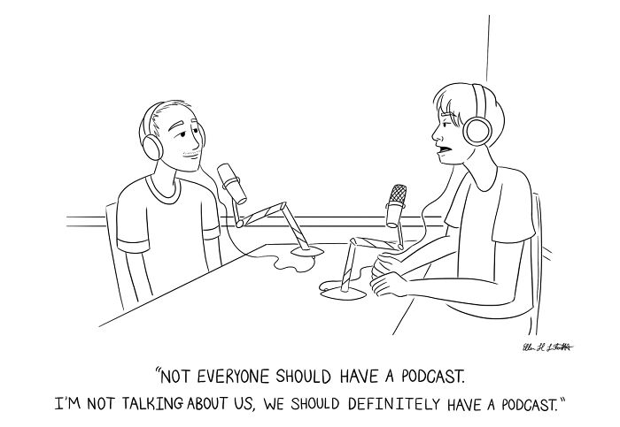 Two people wearing headphones and talking into microphones in a humorous one-panel gag cartoon by Ellen Liebenthal.