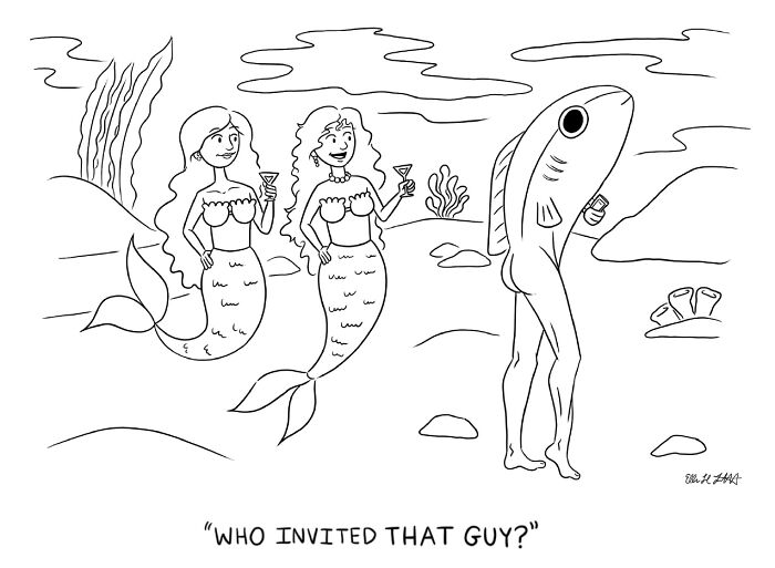 Two mermaids holding drinks looking surprised at a man dressed in a fish costume underwater gag cartoon.