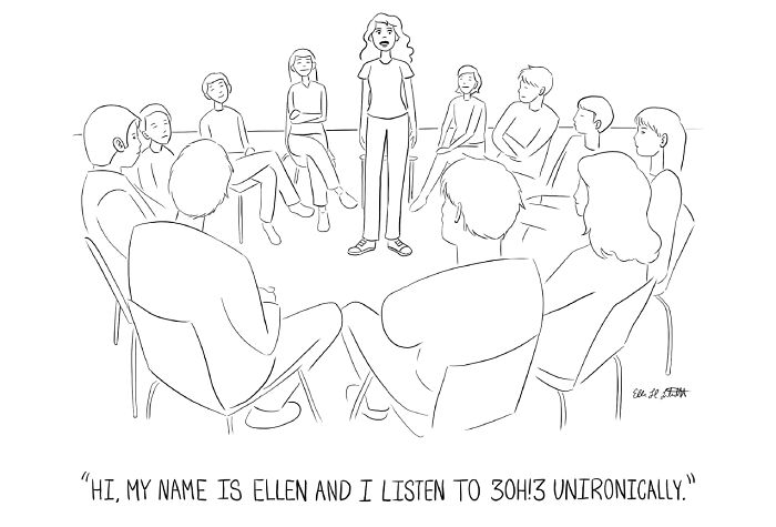 One-panel gag cartoon by Ellen Liebenthal showing a woman introducing herself in a group, highlighting relatable humor.