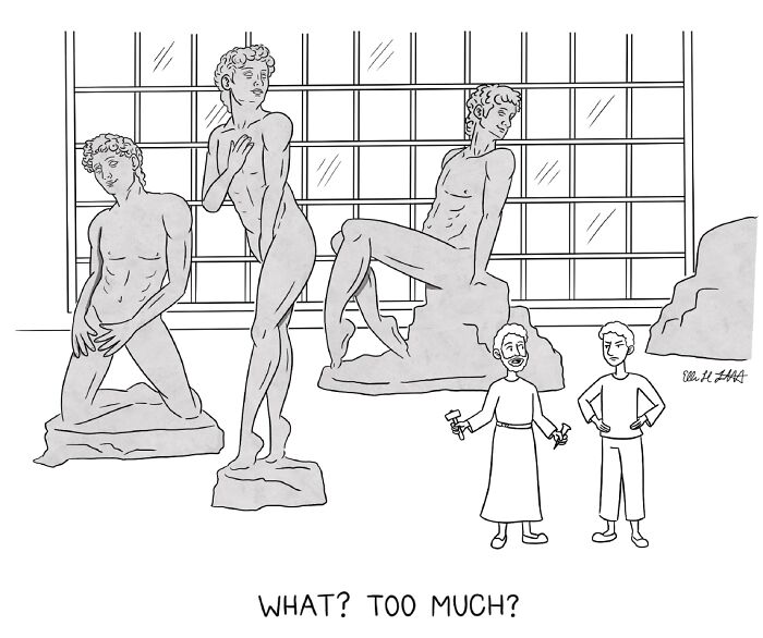 One-panel gag cartoon by Ellen Liebenthal showing a sculptor with overly dramatic statues and a confused onlooker.