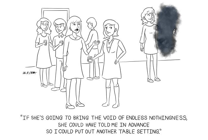 One-panel gag cartoon by Ellen Liebenthal showing a social group with a woman appearing as a dark void.