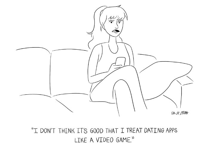 Black and white one-panel gag cartoon by Ellen Liebenthal showing a woman on a couch reflecting on dating apps as a video game.