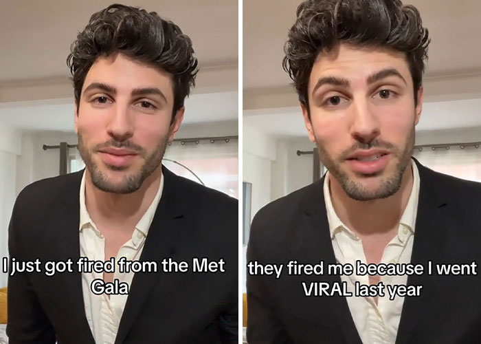 Man in black blazer and white shirt discussing viral fame and Met Gala in a split image with text captions.