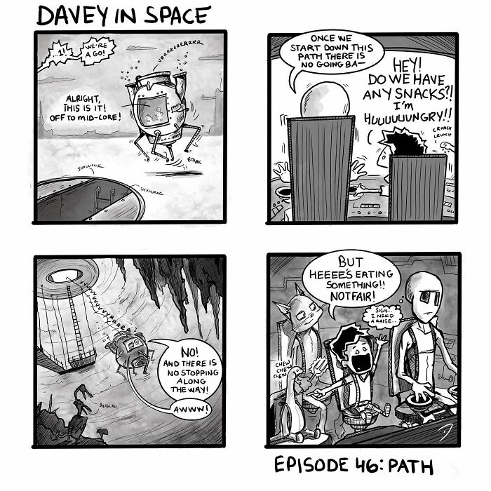 Black and white comic panels from The Daily Dunc featuring characters in space on a humorous adventure path.