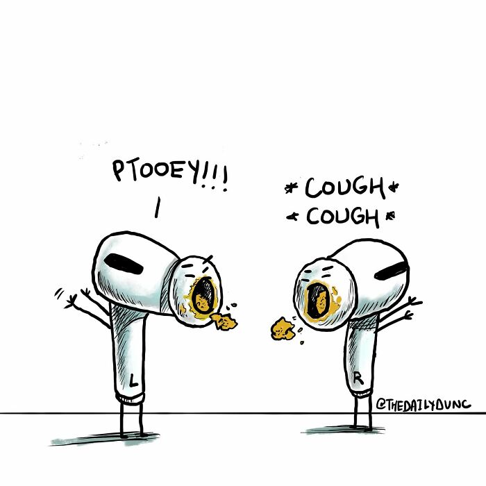 Two illustrated earbuds personified, coughing and spitting, in a hilarious comic style from The Daily Dunc series.