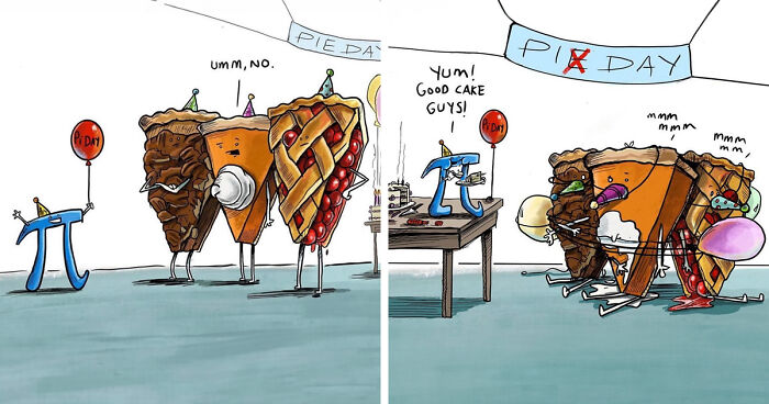 Funny comic panels featuring pie slices and a pi symbol at a pie day celebration, from Daily Dunc comics.