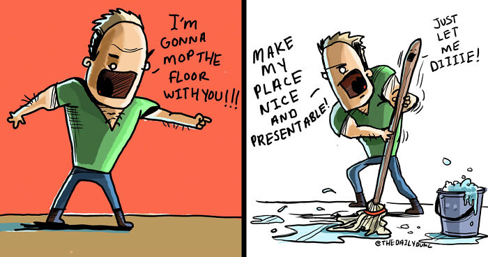 Man angrily threatening to mop the floor with someone in a funny comic from the Daily Dunc collection.
