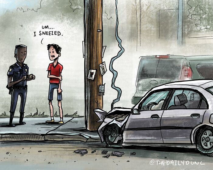 Comic scene showing a man explaining a car crash to a police officer, featuring hilarious comics by The Daily Dunc.