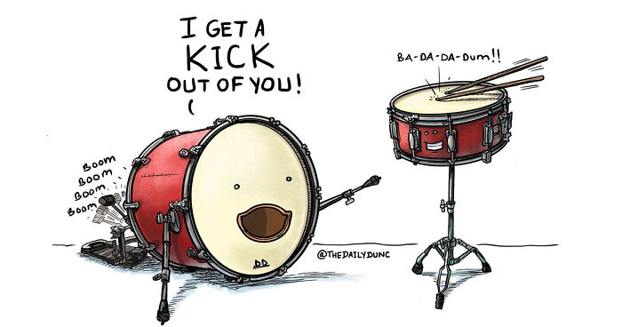Comic featuring a bass drum and snare drum with faces, illustrating a funny moment from Daily Dunc comics.