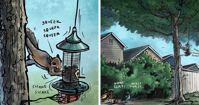 Comic panels showing a squirrel shaking a bird feeder and birds watching with speech bubbles in a humorous scene.